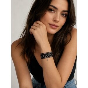 Black Silver Seed Bead Geometric Diamond Woven Wide Cuff Bracelet Boho Handwoven
